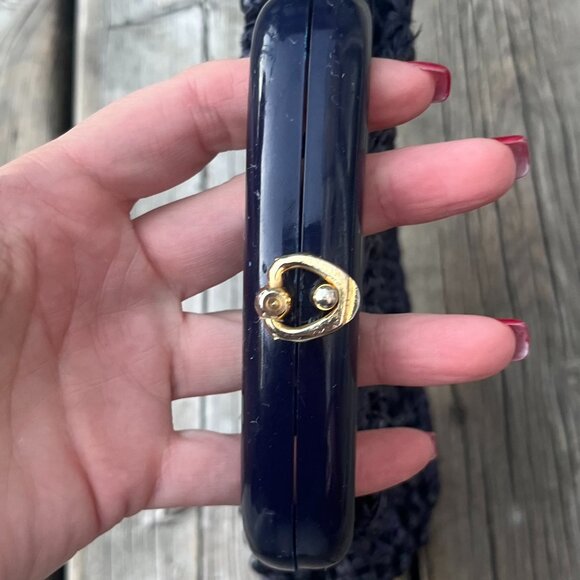 Vintage Navy Woven Handbag with Beaded Detail Top Handle 60s Mod Glam - Picture 2 of 4